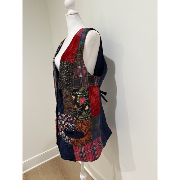 Vintage Blue Patchwork Vest Women’s Large Tie Back Button Front - Picture 5 of 16